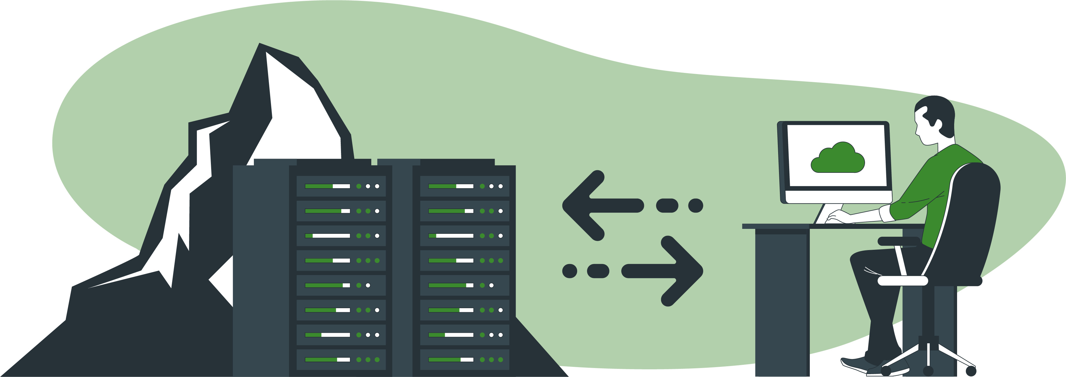 L'image illustre un technicien en informatique assis à son bureau, travaillant sur un ordinateur qui affiche une icône de nuage, symbolisant la sauvegarde en cloud. À l'arrière-plan, une paire de serveurs de données est reliée à l'ordinateur par des flèches bidirectionnelles, indiquant la synchronisation ou le transfert de données. Une montagne imposante en arrière-plan suggère que les données sont sécurisées en Suisse. Cette image communique la fiabilité et la localisation géographique de la sauvegarde des données, soulignant la sécurité et la protection offerte par les services de cloud suisses.